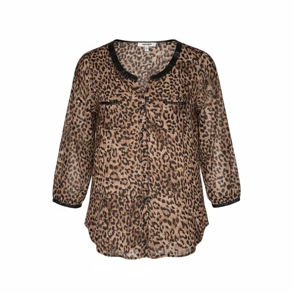 Daniel Rainn Leopard Print Blouse XL Gold Black Leather Trim 3/4 Sleeve Cheetah